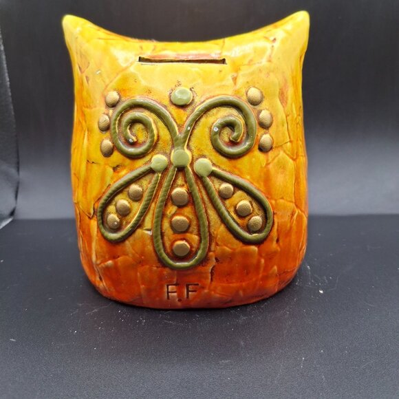 Vintage Ceramic Fitz & Floyd Owl Coin Bank Embossed Floral Orange-Green READ - Picture 4 of 8